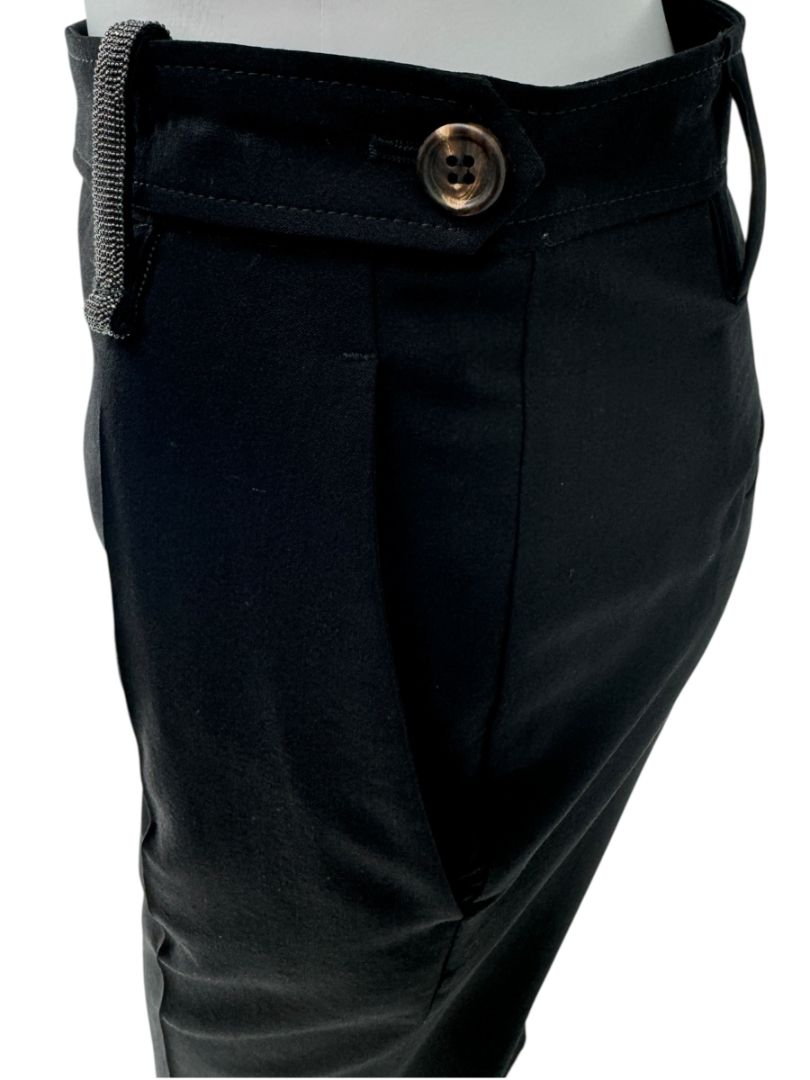 Brunello Cucinelli Black Tapered Wool Trousers with Monili Belt Loop-Size 10
