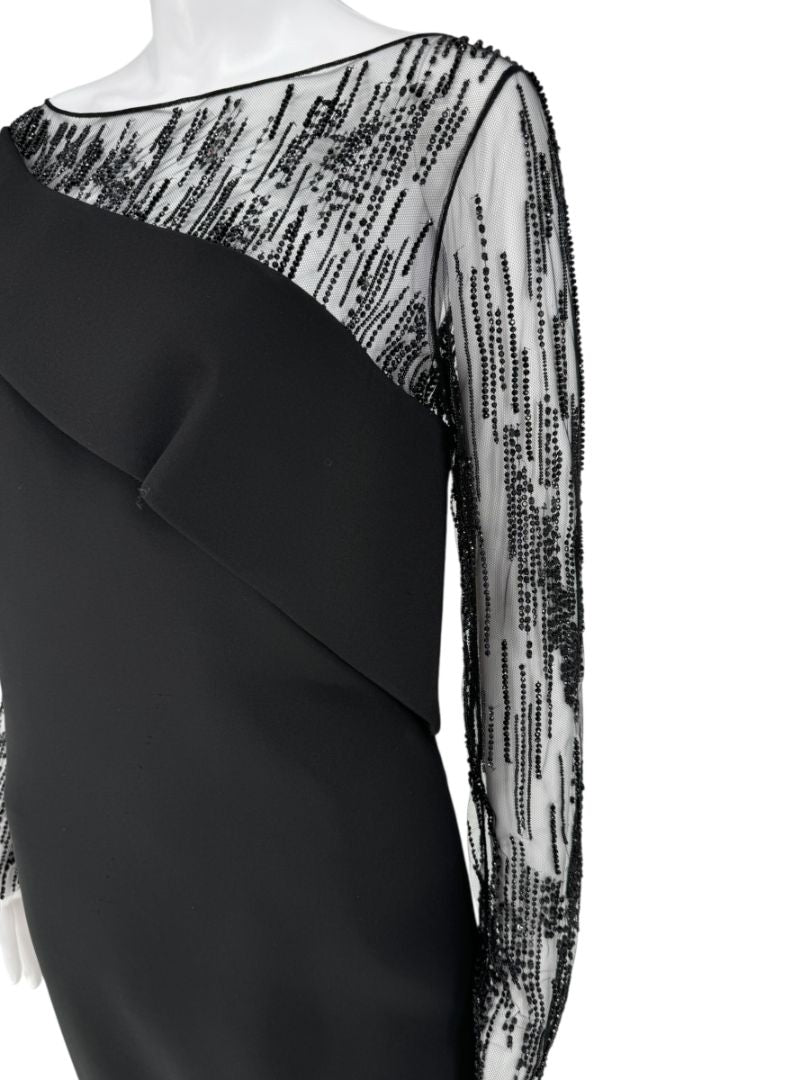 Pamella Roland Black Embellished Mesh Sleeve Cocktail Dress – Large