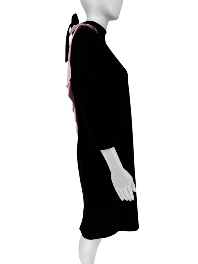 Pamella Roland Black Crepe Shift Dress with Pink Ruffle Back & Neck Tie - Large