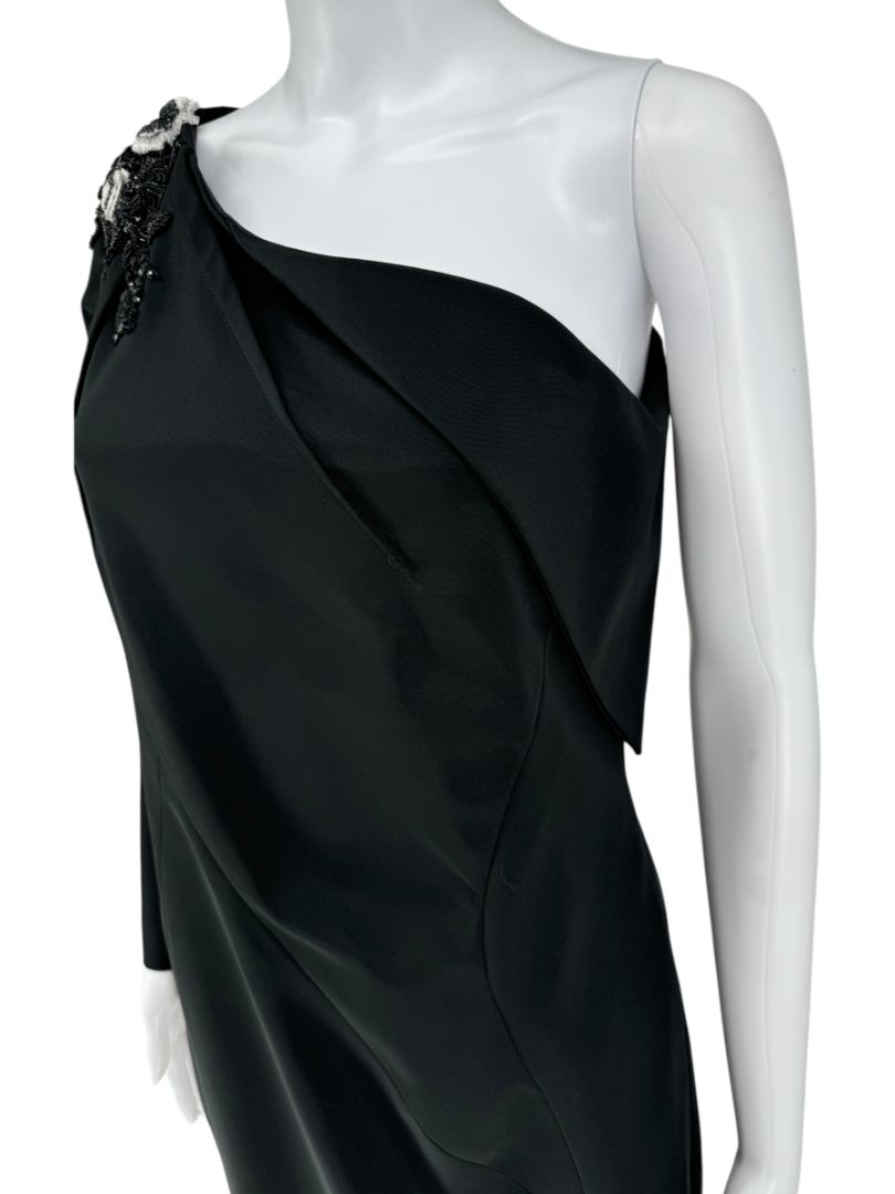 Pamella Roland Black Beaded One-Shoulder Cocktail Dress - Large