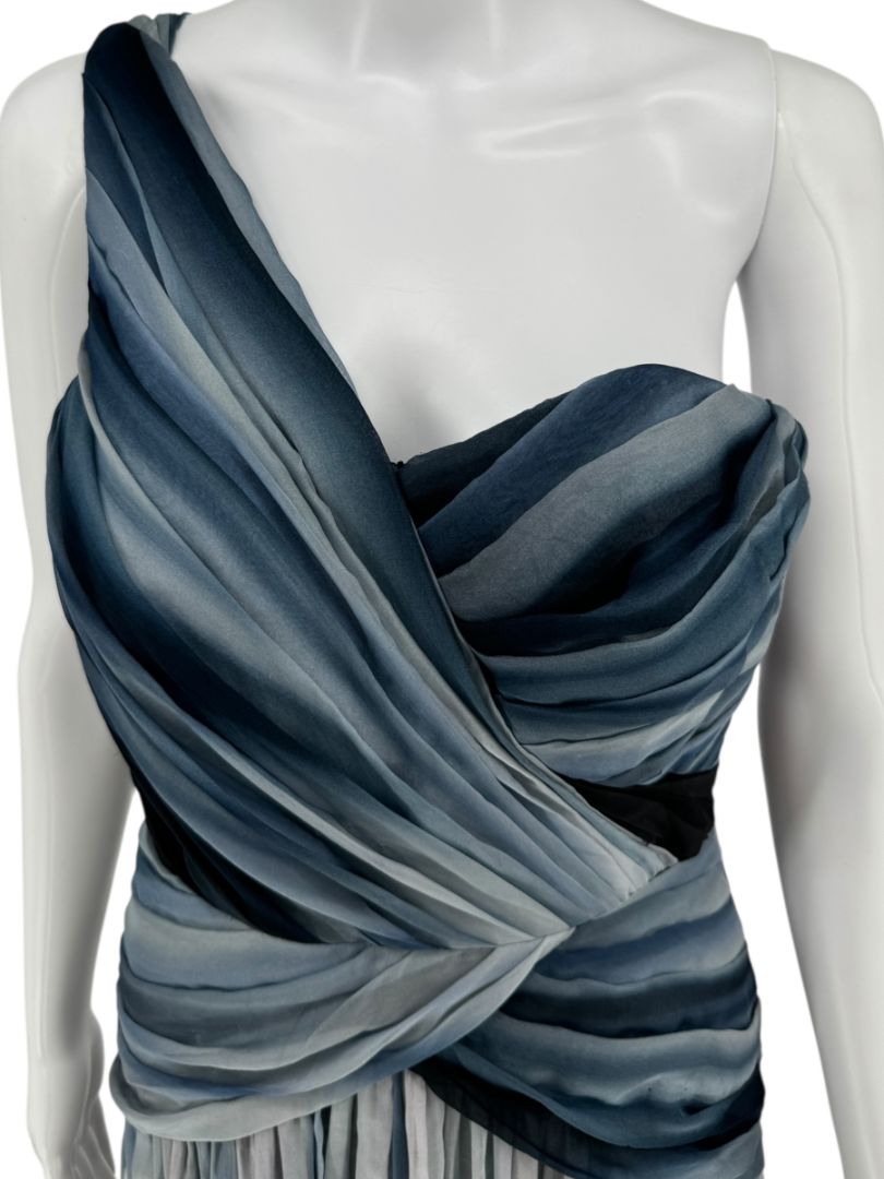 Pamella Roland Sapphire Multi Silk Draped One-Shoulder Gown – Size 6