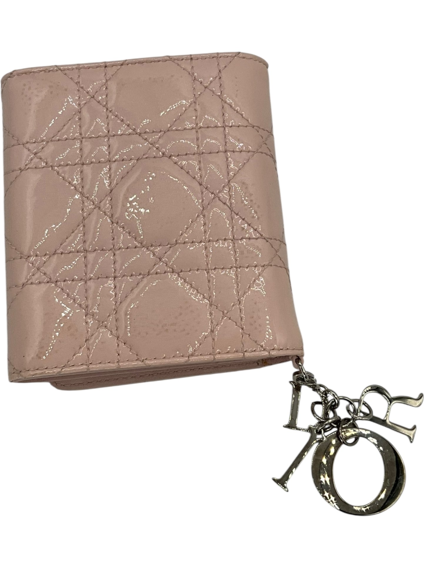 Christian Dior Cannage Pink Patent Leather Trifold Wallet with Dior Charm