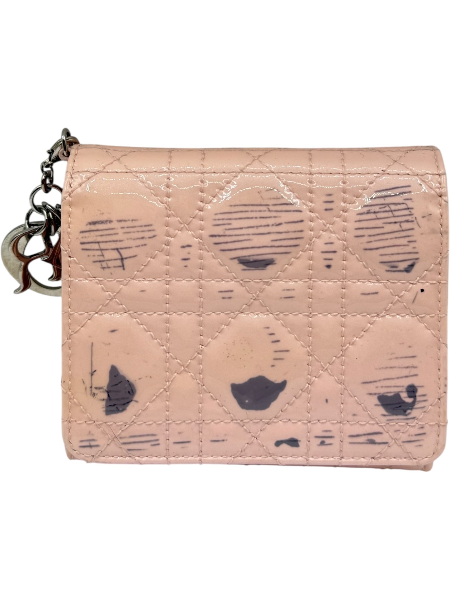 Christian Dior Cannage Pink Patent Leather Trifold Wallet with Dior Charm