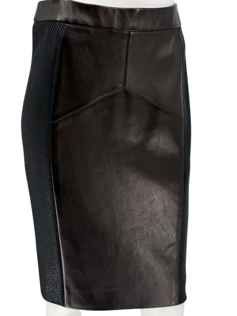 Pamella Roland Black Leather & Textured Knit Pencil Skirt – Large
