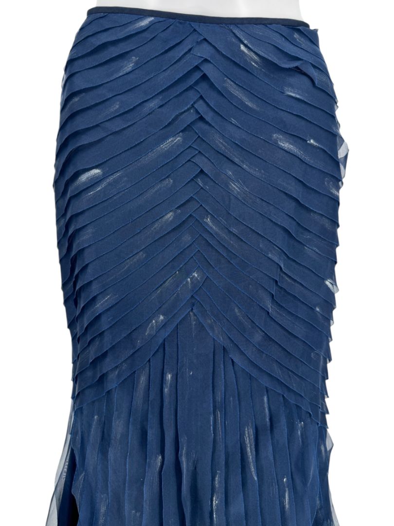 Pamella Roland Navy Textured & Hand Painted Chiffon Tiered Mermaid Skirt –