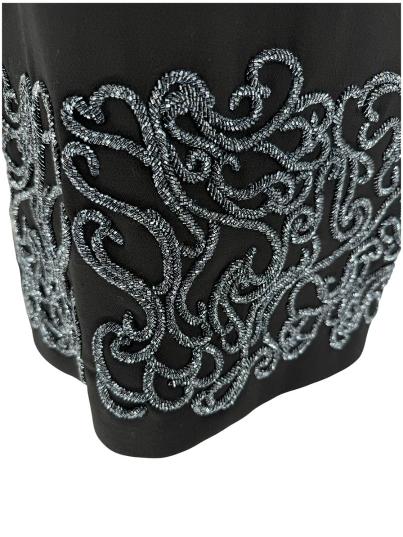 Pamella Roland Black Sleeveless Sheath Dress with Beaded Scroll Embellishment – Large