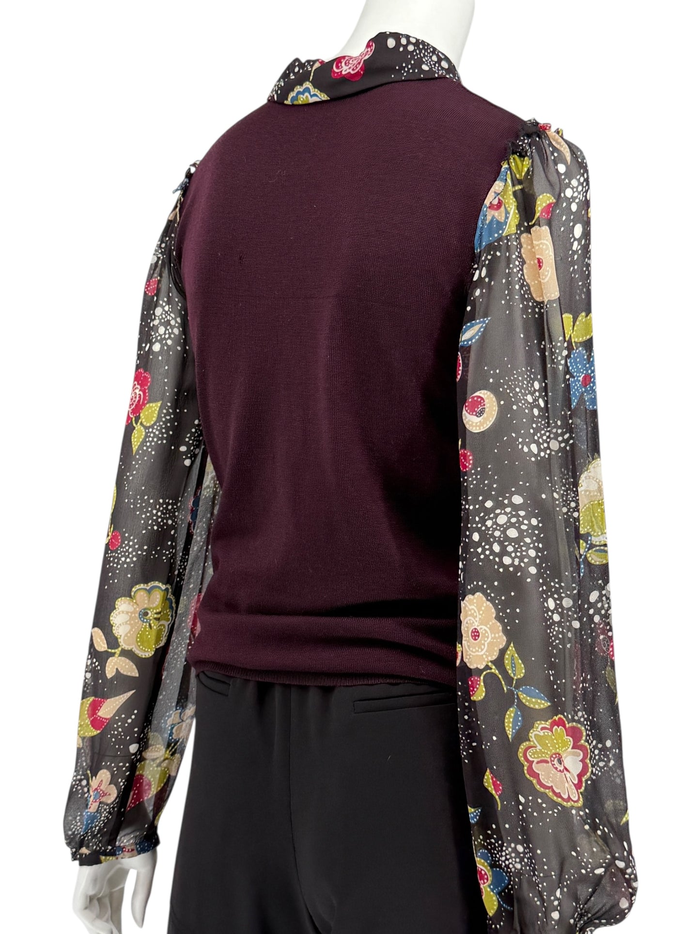 Moschino Virgin Wool Sweater with Sheer Floral Sleeves – Size 8 (IT 38)