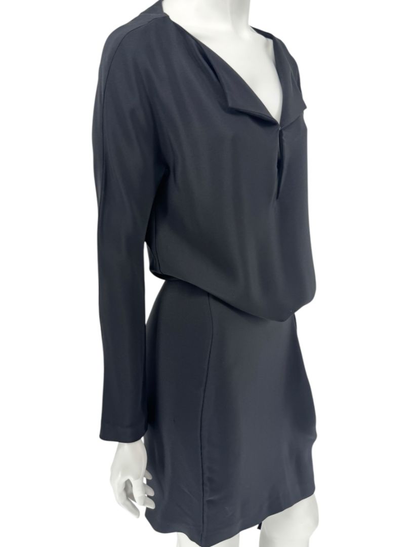 Pamella Roland Black Drape-Front Long Sleeve Belted Mini Dress – Large