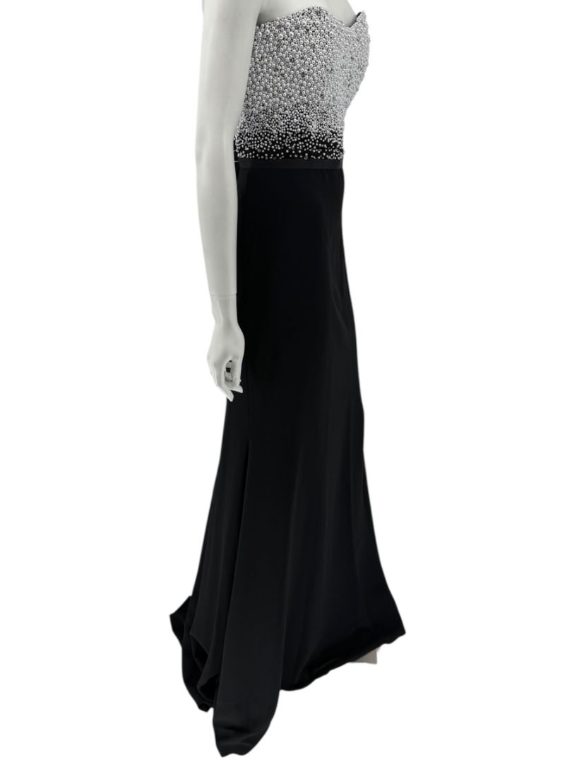 Pamella Roland Black Strapless Gown Silver Pearl Crystal Beaded Bodice Size 8 Evening Dress