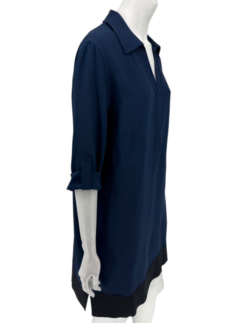 Akris Punto Navy Blue Viscose Acetate Tunic Dress Black Hem Roll Tab Sleeve - US 10