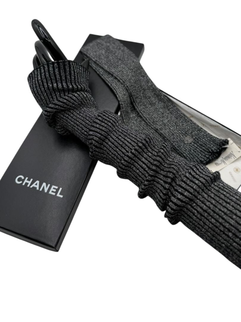 Chanel Gunmetal Silver Ribbed Long Fingerless Gloves with Box