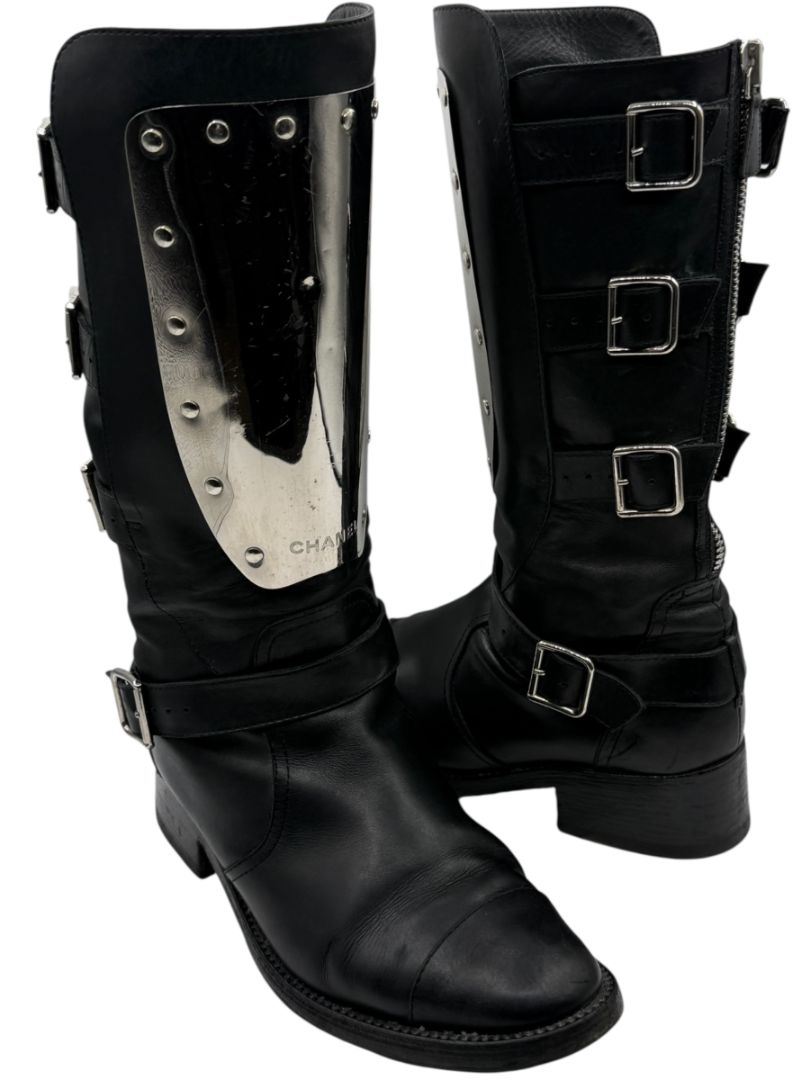 Chanel Black Leather Moto Boots with Silver Armor Plate – Size 40.5