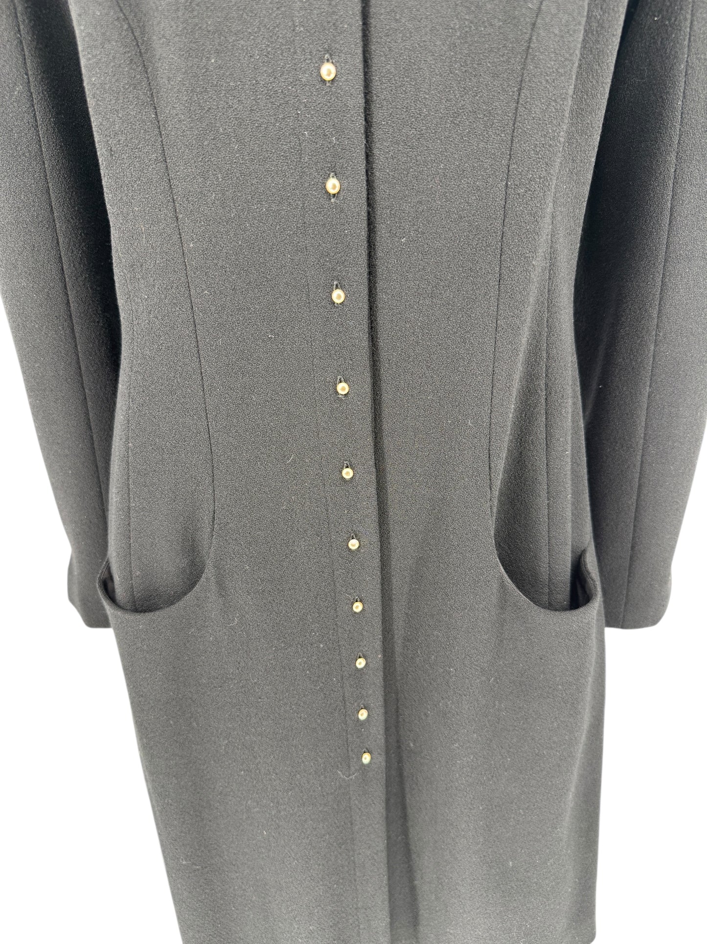 Chanel F/W 02 Long Black Wool Jacket Pearl Buttons - Size 44