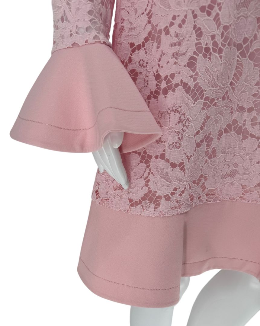 Pink Lace Overlay Ruffle Sleeve/Trim Longsleeve Dress