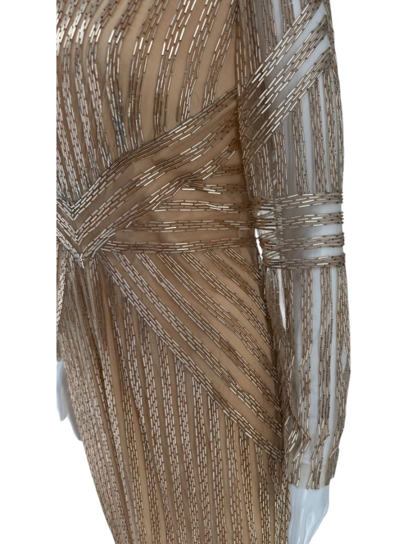 Pamella Roland Gold Beaded Illusion Mesh Evening Dress – Size 4