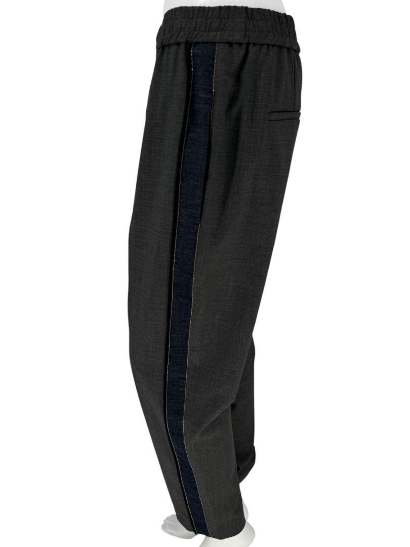 Brunello Cucinelli Charcoal Wool Trousers with Denim Side Stripe - Size 8