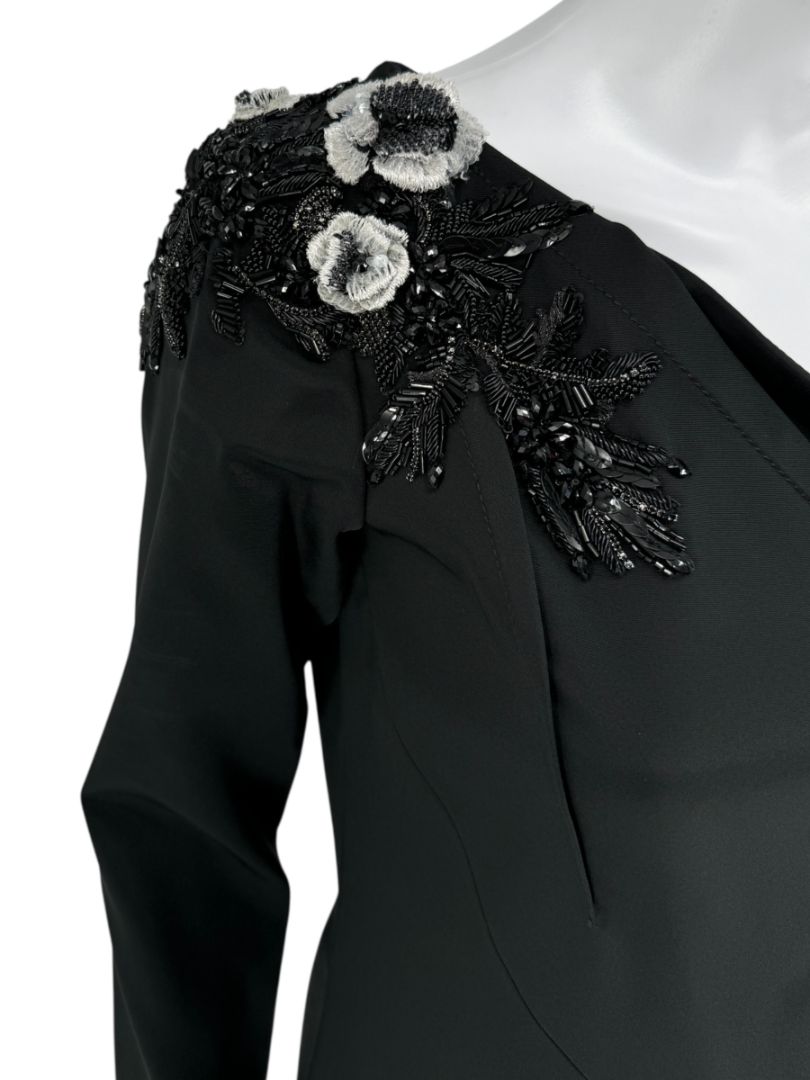 Pamella Roland Black Beaded One-Shoulder Cocktail Dress - Large