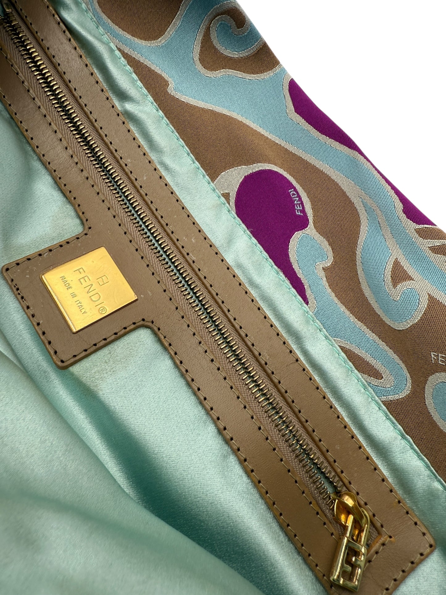 Fendi 2001 Multicolor Satin Psychedelic Print Baguette "Momma" Shoulder Bag