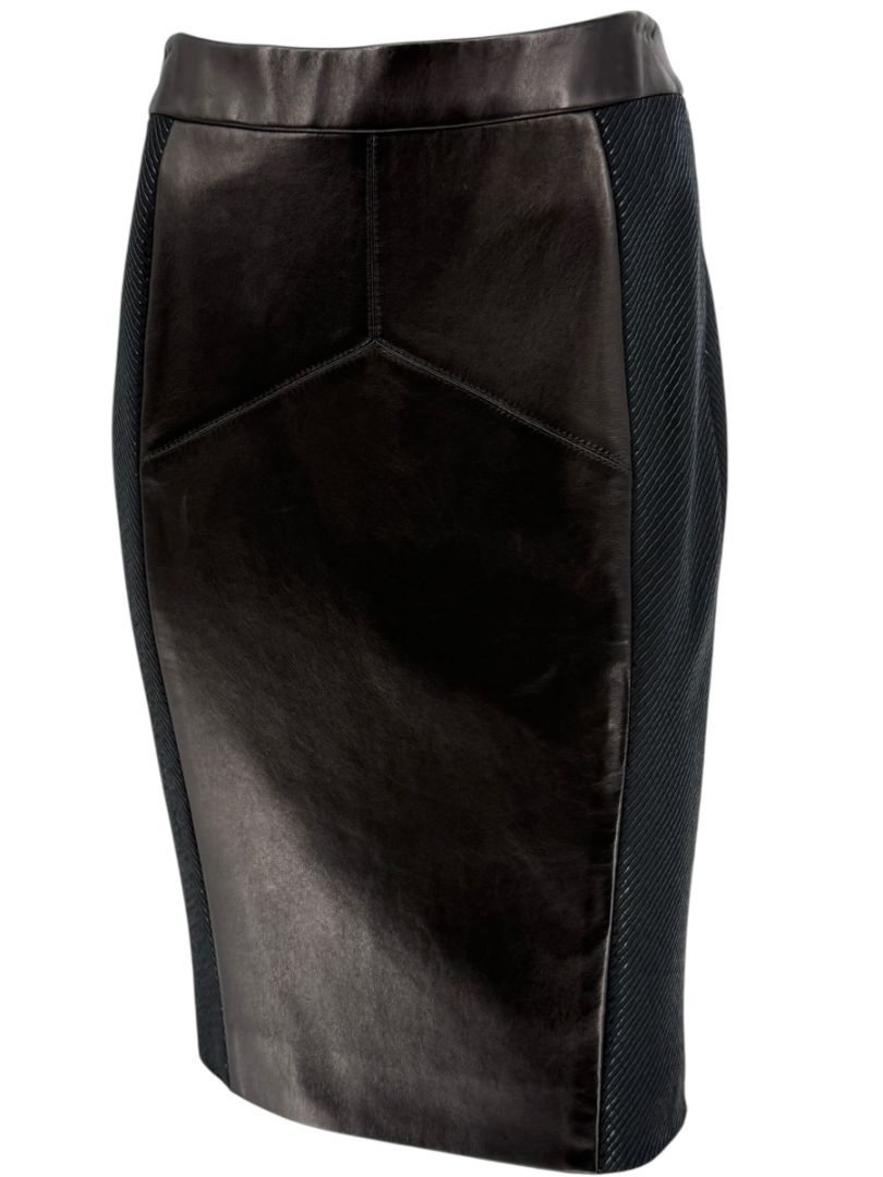 Pamella Roland Black Leather & Textured Knit Pencil Skirt – Large