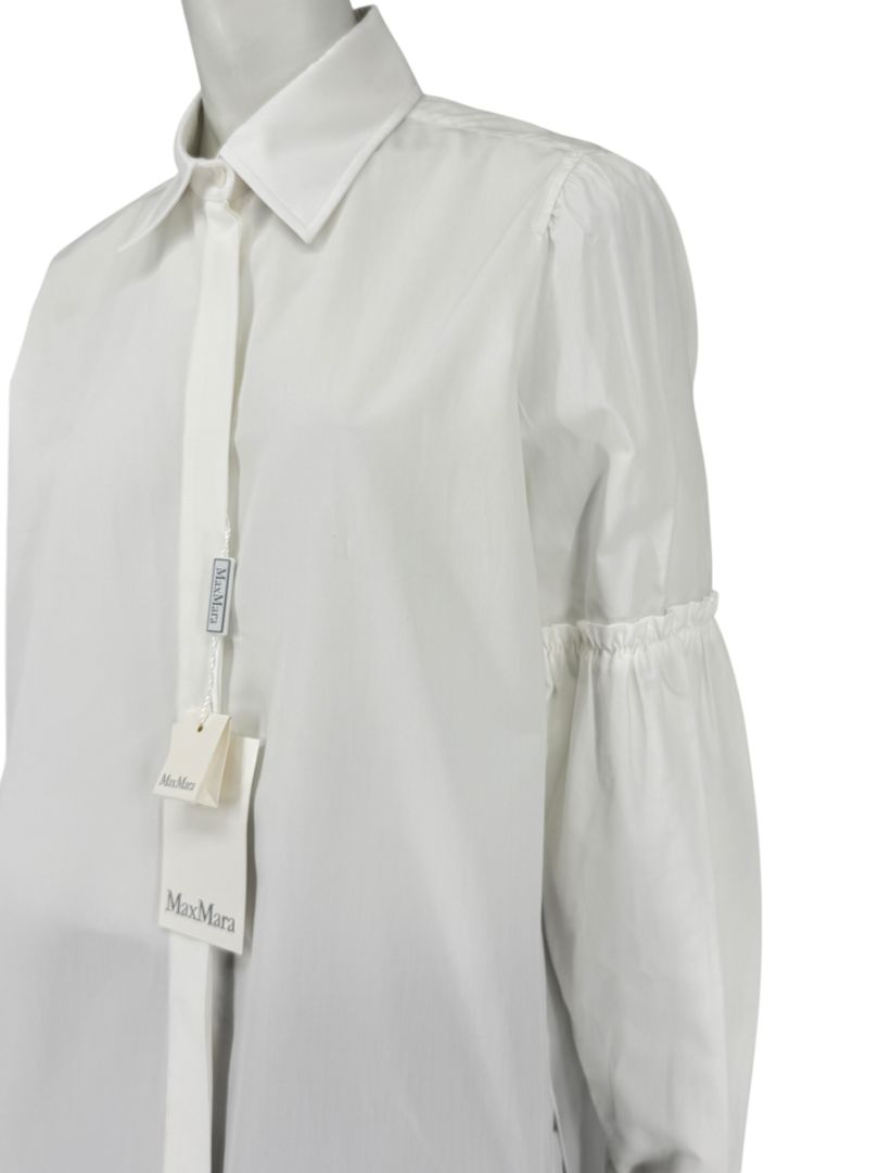 MaxMara White Cotton Blouse with Ruched Sleeves – Size US 12