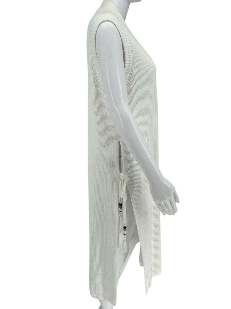 Max Mara White Knit Sleeveless Swim Cover-Up with Beaded Side Ties – Size M