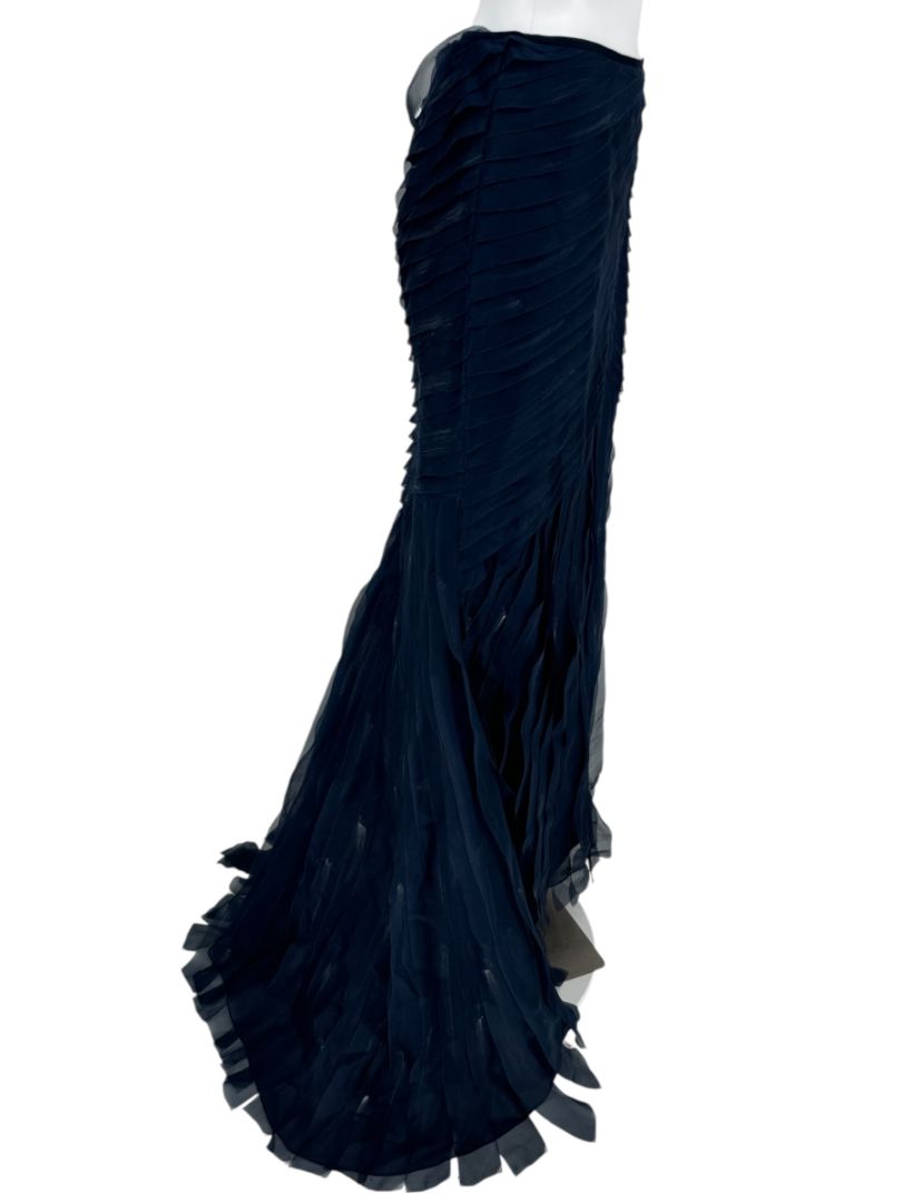 Pamella Roland Navy Textured & Hand Painted Chiffon Tiered Mermaid Skirt –