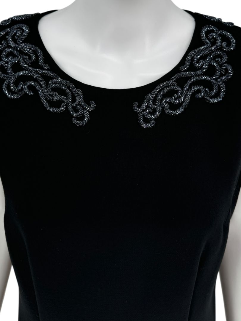 Pamella Roland Black Sleeveless Sheath Dress with Beaded Scroll Embellishment – Large