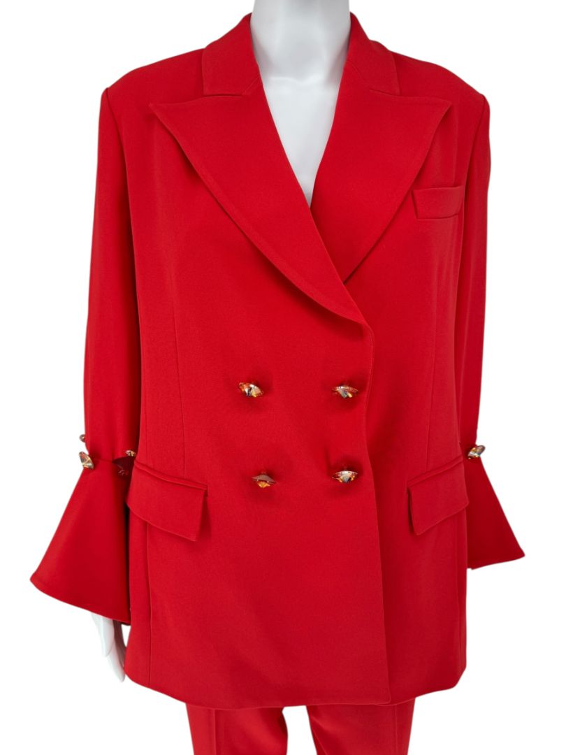 Pamella Roland Red Crystal-Embellished Double-Breasted Pant Suit – Large