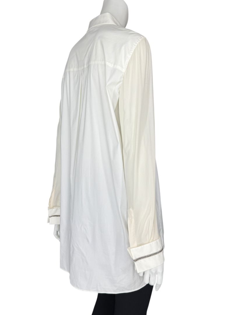 Brunello Cucinelli White Long Sleeve Blouse with Monili Trim Cuffs – Size XL