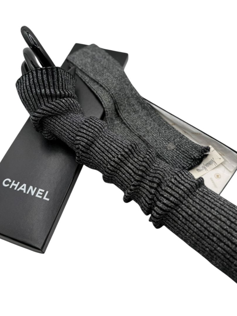 Chanel Gunmetal Silver Ribbed Long Fingerless Gloves with Box