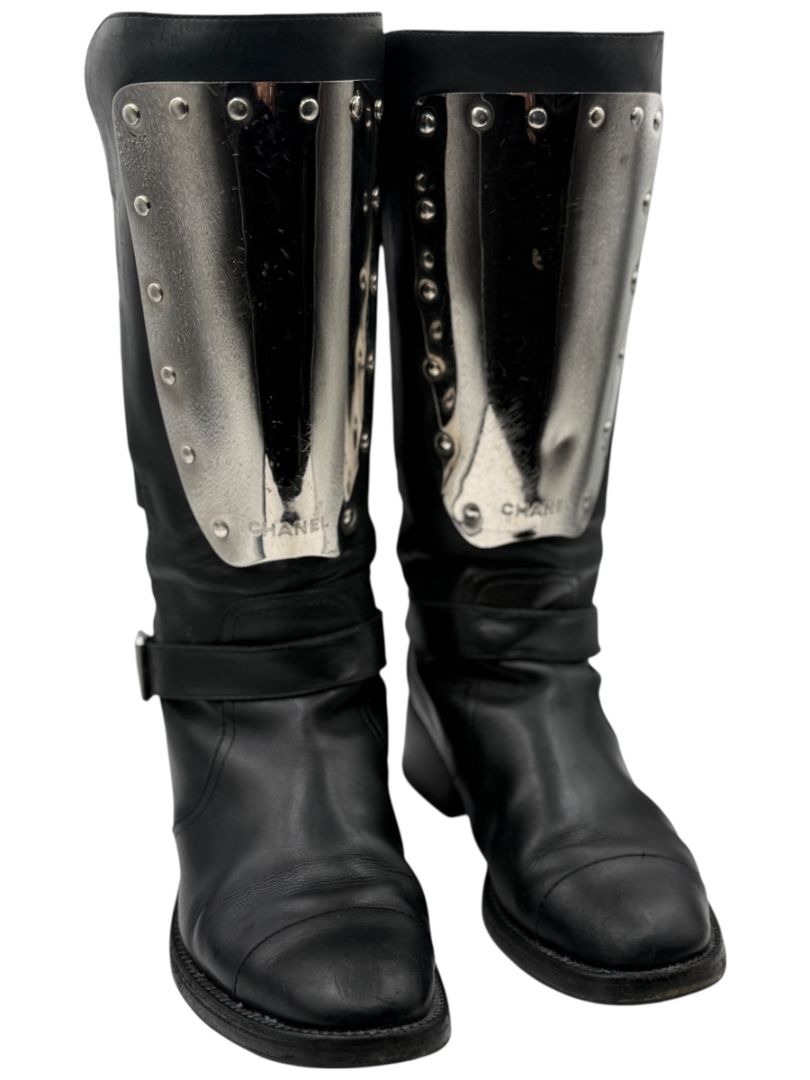 Chanel Black Leather Moto Boots with Silver Armor Plate – Size 40.5