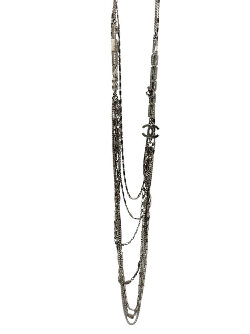 Chanel Silver Multi-Strand “Paris London” Crystal Chain Necklace