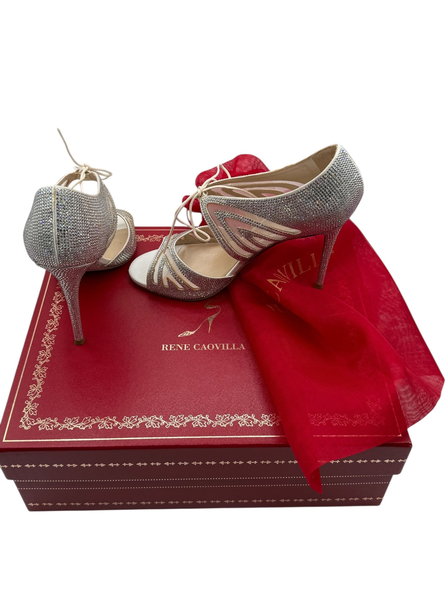 BNIB René Caovilla Silver Crystal Mesh Lace-Up Heels – Size 39