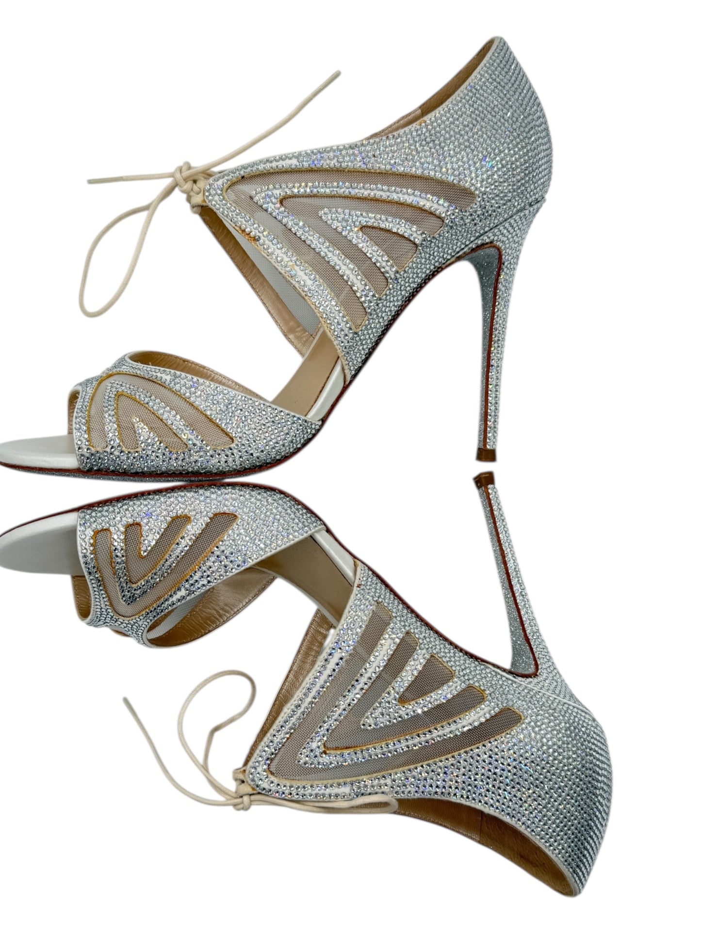 BNIB René Caovilla Silver Crystal Mesh Lace-Up Heels – Size 39