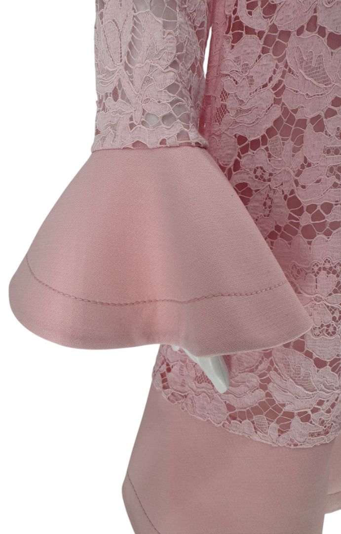 Pink Lace Overlay Ruffle Sleeve/Trim Longsleeve Dress