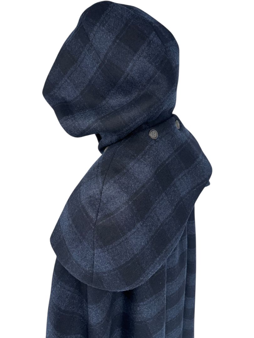*RARE* Chanel Navy & Black Plaid Wool Hooded Cape with Logo Buttons – Size FR 44