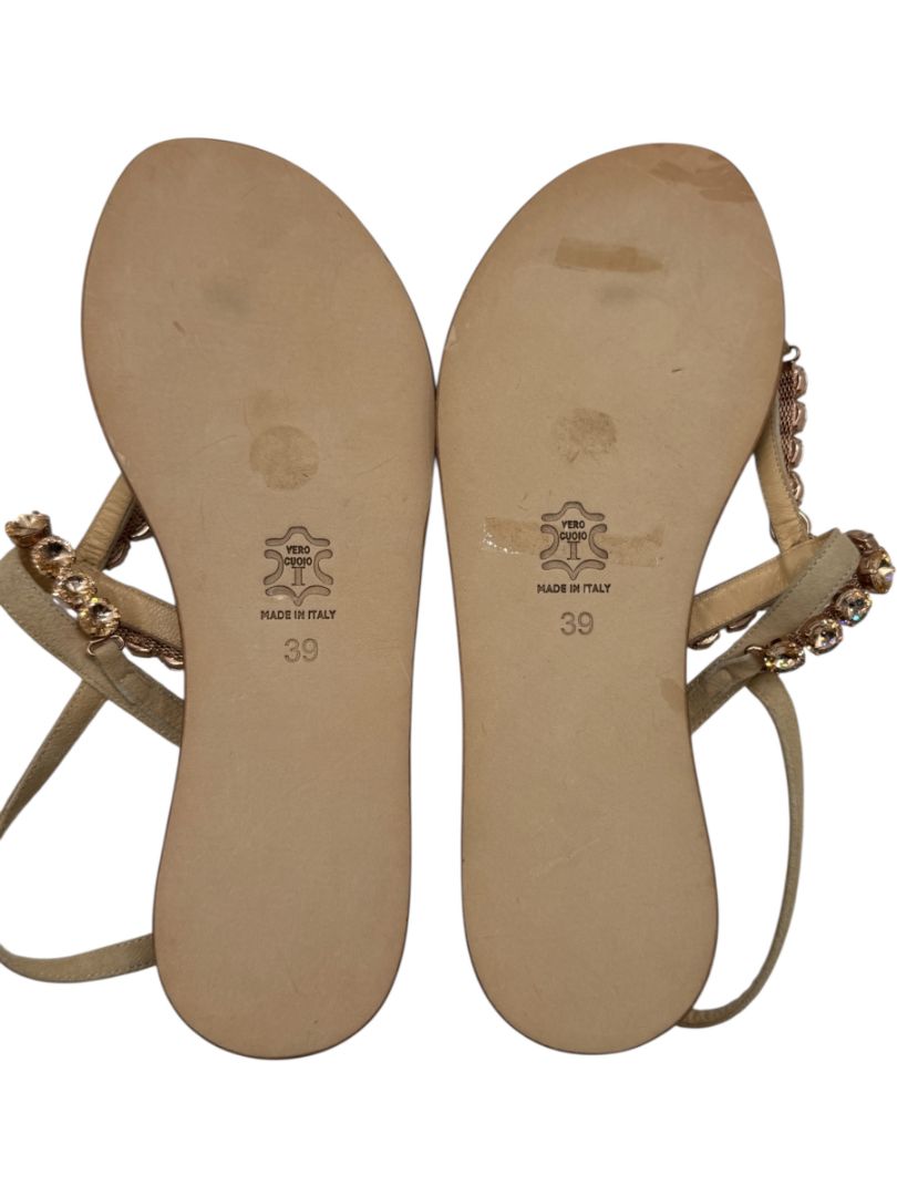 100% Capri Jeweled T-Strap Flat Sandals – Size 39