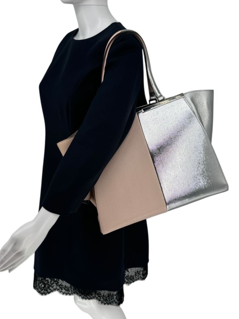 Fendi Pink/Silver Grained Leather 3Jours Large Shopper Tote Bag