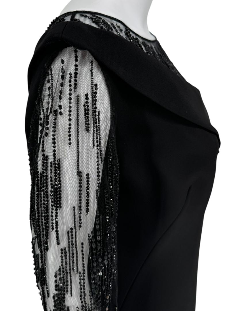 Pamella Roland Black Embellished Mesh Sleeve Cocktail Dress – Large