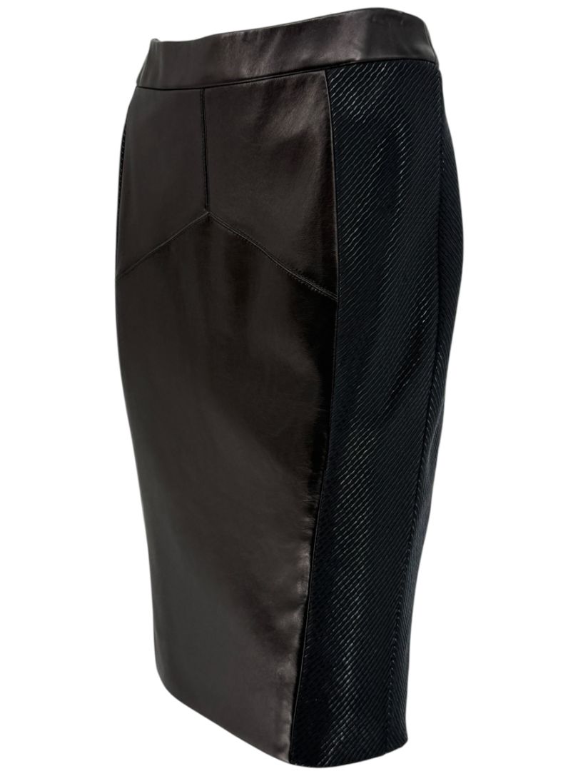 Pamella Roland Black Leather & Textured Knit Pencil Skirt – Large