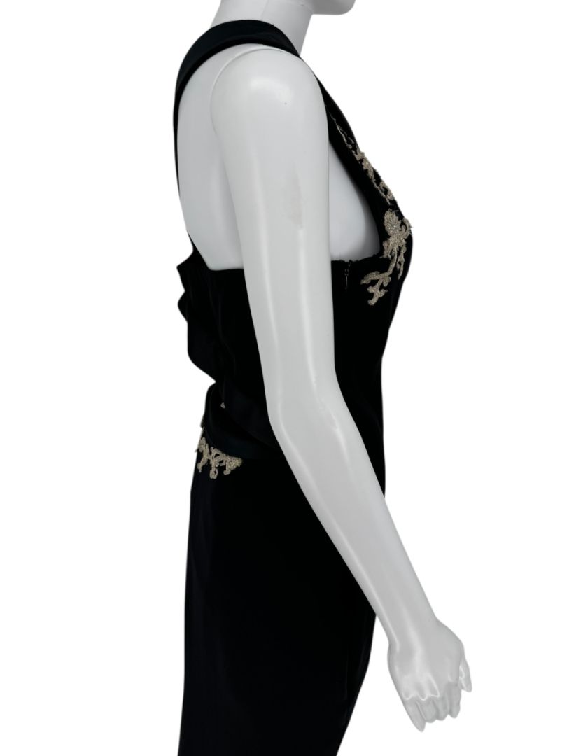 Pamella Roland Black One-Shoulder Gown with Embroidered Gold Appliqué - Large