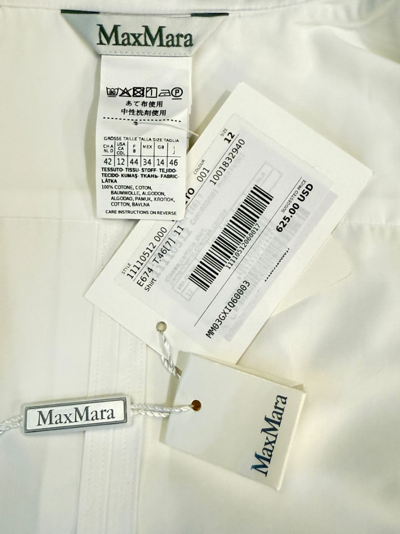 MaxMara White Cotton Blouse with Ruched Sleeves – Size US 12