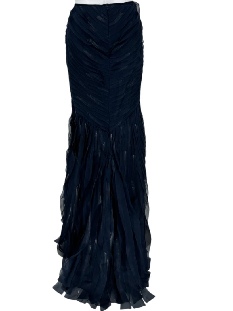 Pamella Roland Navy Textured & Hand Painted Chiffon Tiered Mermaid Skirt –