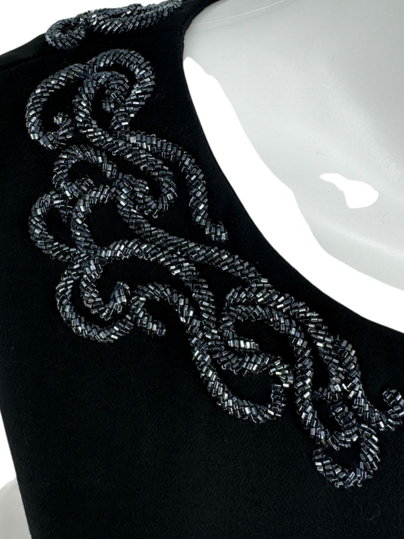 Pamella Roland Black Sleeveless Sheath Dress with Beaded Scroll Embellishment – Large