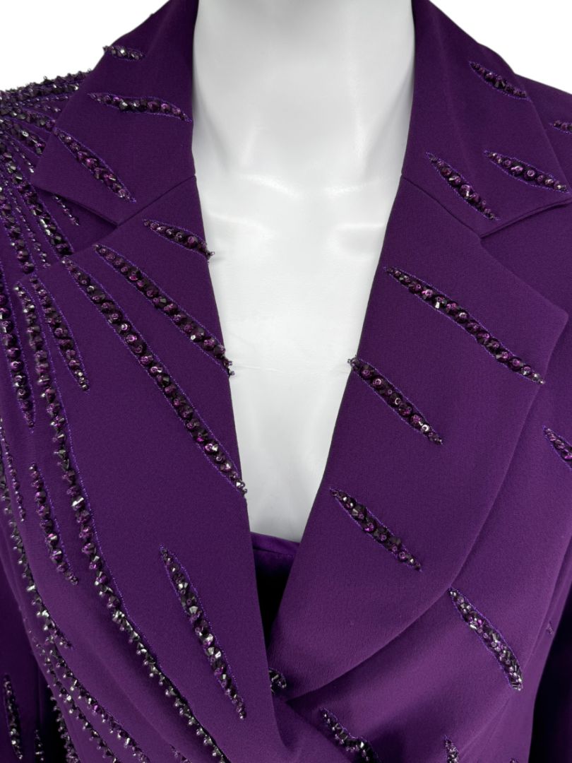 Pamella Roland Purple Crystal-Embellished Three-Piece Pant Suit – Large