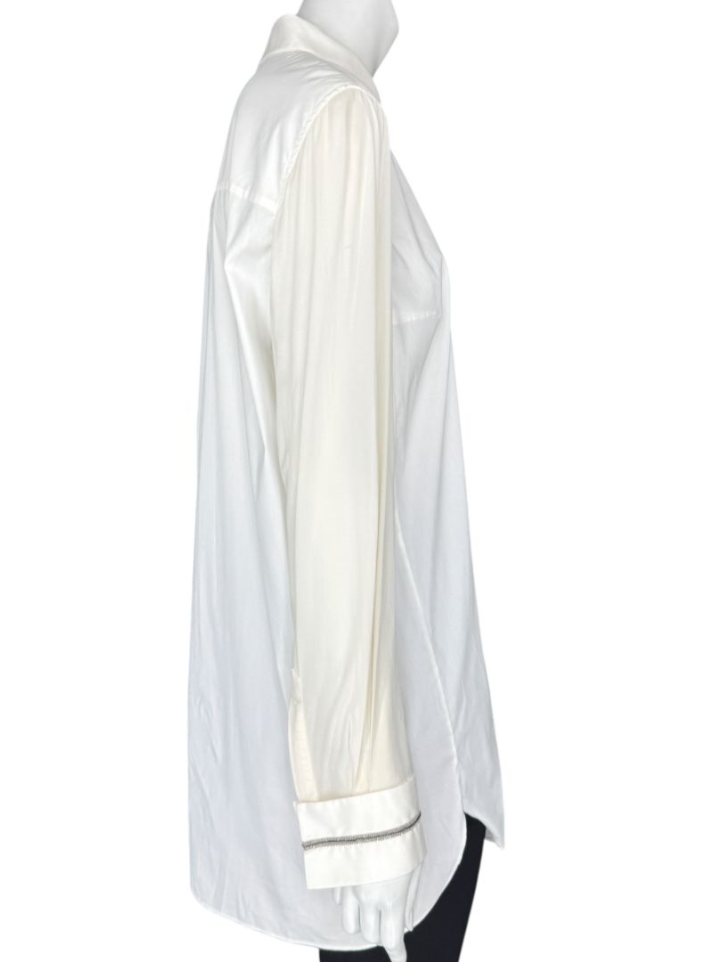Brunello Cucinelli White Long Sleeve Blouse with Monili Trim Cuffs – Size XL
