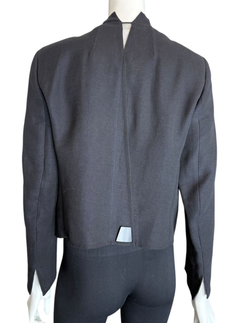 Akris Bergdorf Goodman Linen-Blend Cropped Open Jacket – Black & Navy – Size US 10