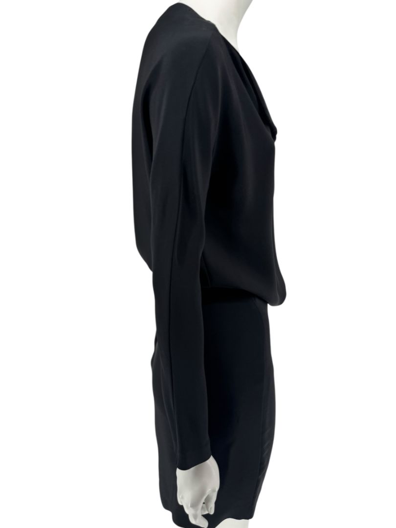Pamella Roland Black Drape-Front Long Sleeve Belted Mini Dress – Large