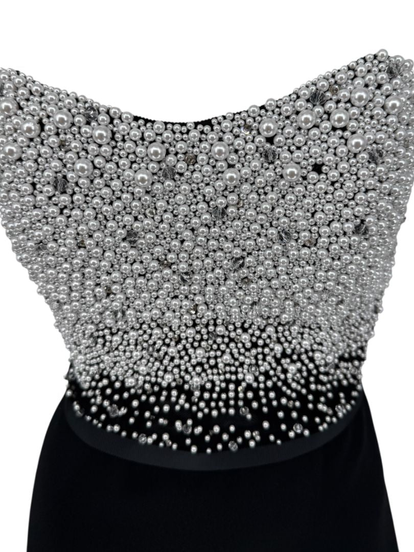 Pamella Roland Black Strapless Gown Silver Pearl Crystal Beaded Bodice Size 8 Evening Dress