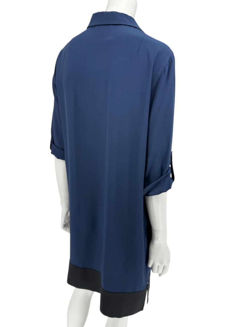 Akris Punto Navy Blue Viscose Acetate Tunic Dress Black Hem Roll Tab Sleeve - US 10